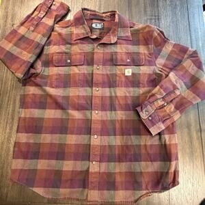 Carhartt Flannel Shirt Mens XL Burgundy Plaid Loose Fit Cotton Workwear 105078